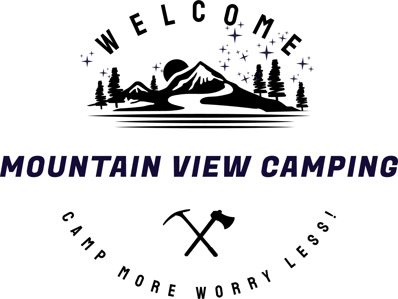 Logo for Mountain View Camping featuring a mountain, trees, starry sky, and the tagline "Camp More Worry Less!.